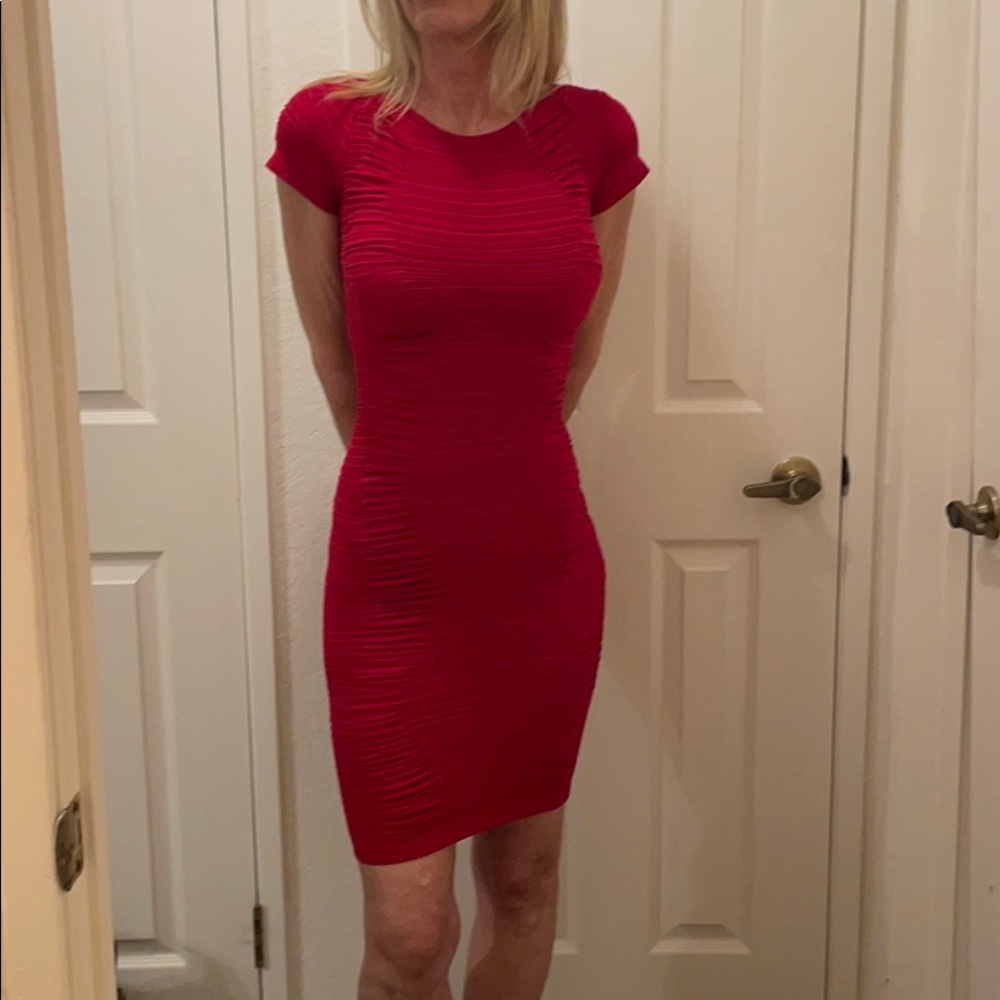 Red form fitting dress